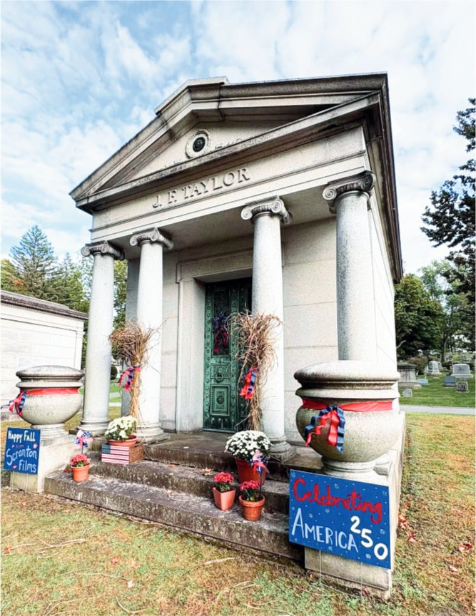 The Taylor mausoleum was decorated by Scranton Films for this weekend’s Dunmore Cemetery tour by the Dearly Departed Players, celebrating America’s 150th annniversary. The Lackawanna Historical Society did the same for the Catlin mausoleum. The event begins at 2 p.m. on Sunday, Oct. 11, and runs about 2 hours. Admission is free and no reservations are required. Comfortable walking shoes are suggested. Visitors should arrive early for parking and exhibits. For more information, contact Julie Esty at 570-344-3819.